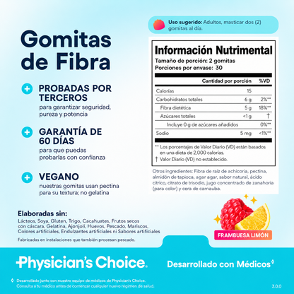 Gomitas de fibra Physician’s Choice para la salud digestiva y regularidad - Sabor a frambuesa y limón - Sin azúcar añadida y vegano - Fibra prebiótica natural de raíz de achicoria