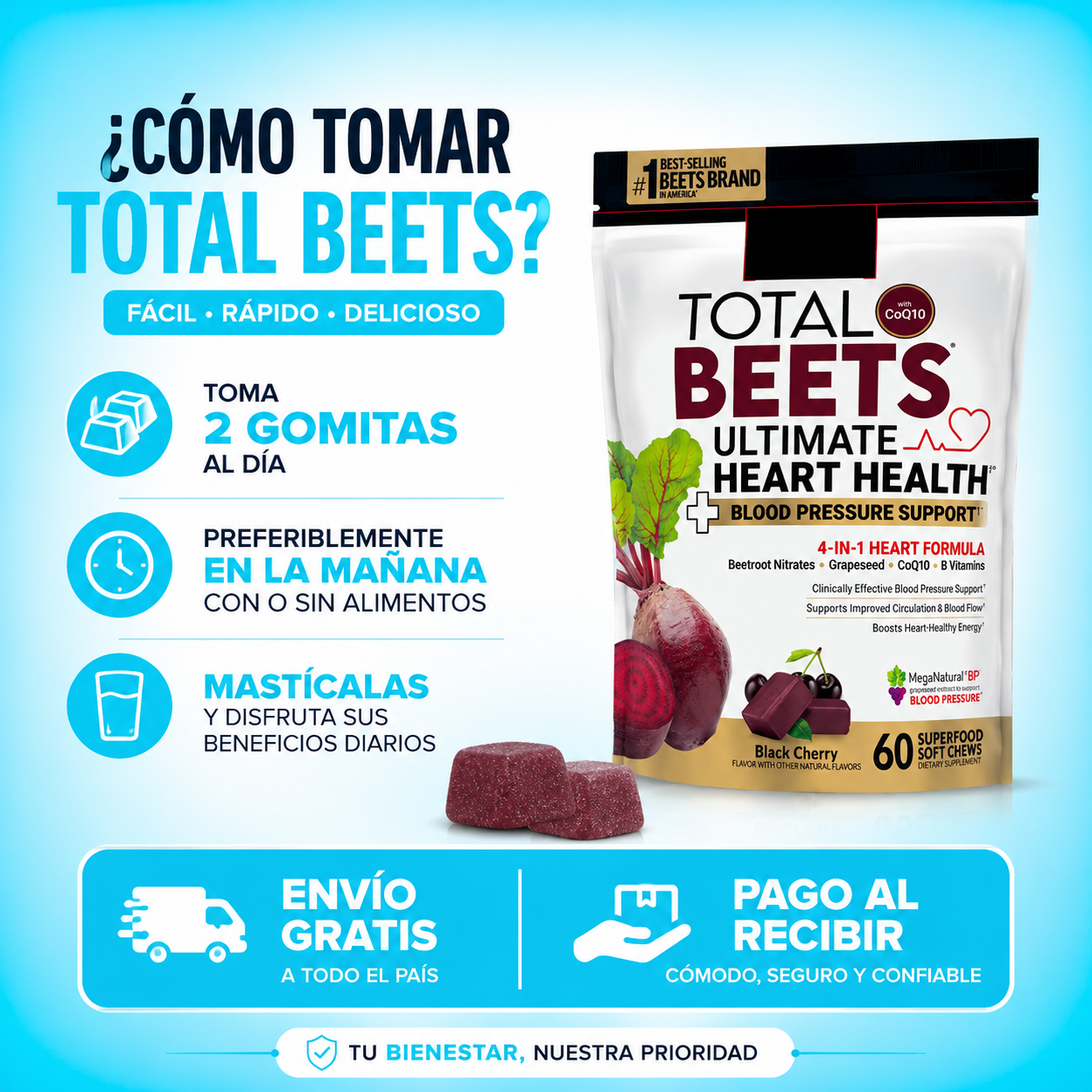 Gomitas Masticables para el apoyo de la presión arterial, con remolacha, CoQ10, vitaminas B y extracto de semilla de uva para el flujo sanguíneo
