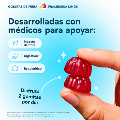 Gomitas de fibra Physician’s Choice para la salud digestiva y regularidad - Sabor a frambuesa y limón - Sin azúcar añadida y vegano - Fibra prebiótica natural de raíz de achicoria