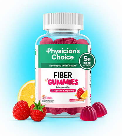 Gomitas de fibra Physician’s Choice para la salud digestiva y regularidad - Sabor a frambuesa y limón - Sin azúcar añadida y vegano - Fibra prebiótica natural de raíz de achicoria