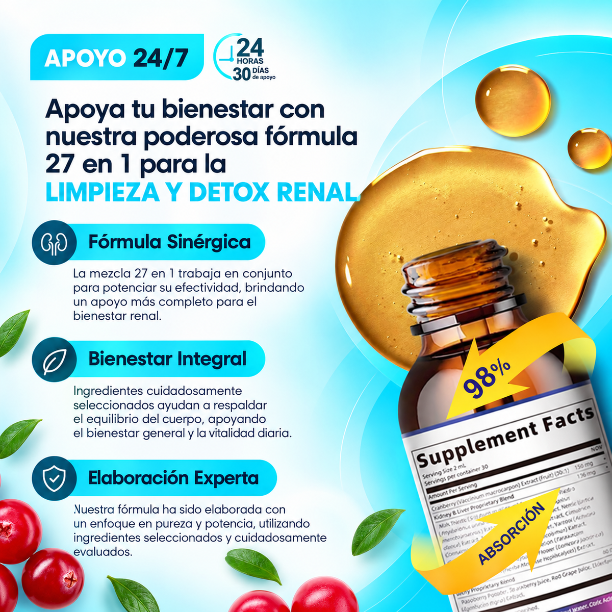 Gotas Líquidas Detox para Riñones e Hígado – Fórmula Herbal Concentrada para Apoyo Renal, Hepático y Urinario | 60ml